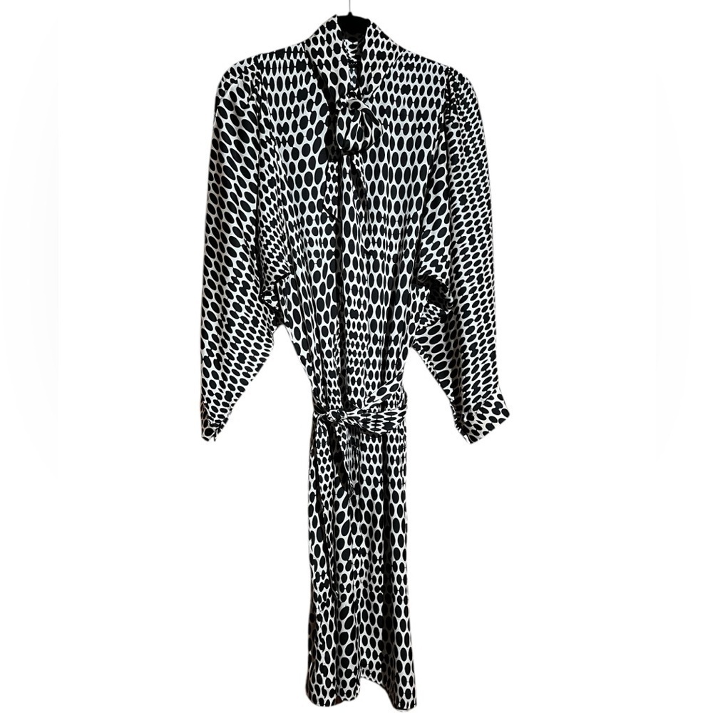 $560 TARA JARMON PARIS Ryenita Polka Dot Tie Neck Balloon Sleeve Midi Dress